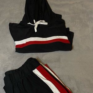 Jumpsuit, black sweats , black sweatshirt, , white sweats ,,, long sleeve